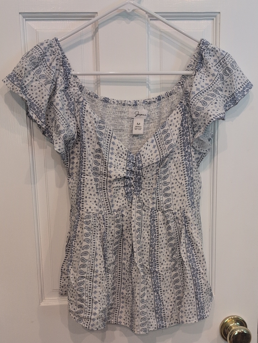 White & Blue Printed Peasant Top - Medium
